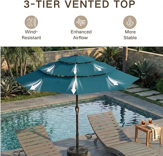 Kingdura 10ft 3-Tier Patio Umbrella, Outdoor Table Umbrella with Easy Crank & Tilt, 8 Reinforced Ribs, UV Protection for Deck, Pool, Market, Backyard (Lake blue)
