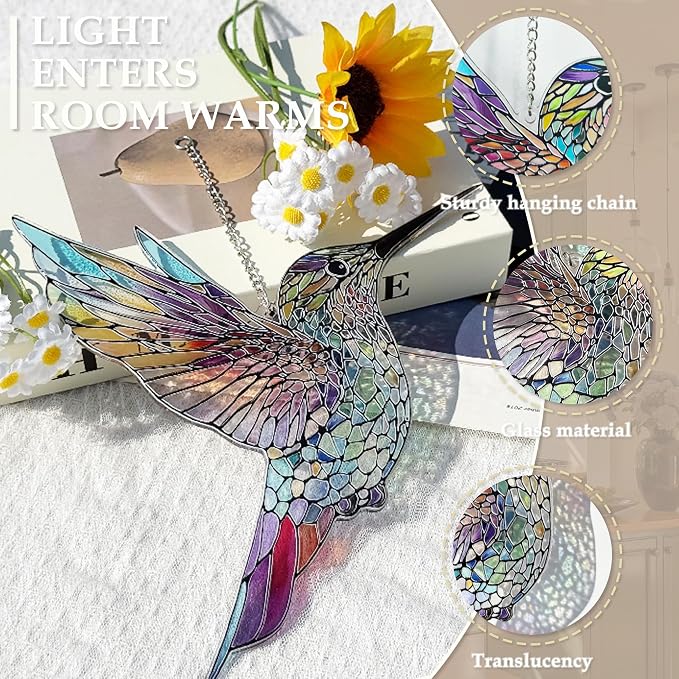 Hummingbirds Suncatcher Stained Glass, Hummingbird Suncatcher Ornament, Hummingbird Suncatcher for Grandma/Mom/Women (Colorful)