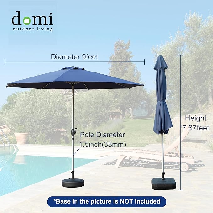 Domi 9FT Patio Umbrella Outdoor Market Umbrella with Silver Aluminum Pole, UV Resistant Canopy, Wind Vent, Tilt & Crank System, Perfect for Patio, Garden, Deck, Pool, Outdoor Dining, Navy Blue