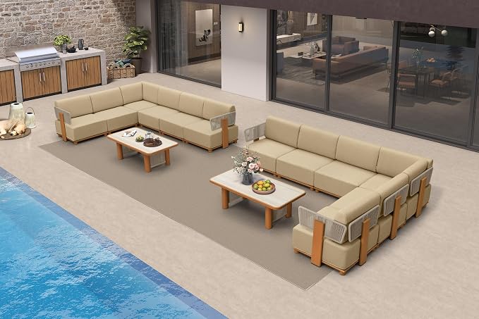 PURPLE LEAF Patio Furniture Set Modular L-Shaped Outdoor Sectional Sofa with 11" Thick Olefin Cushion 14-Piece Outdoor Conversation Set with Tables & White Lights for Backyard Garden Poolside, Beige