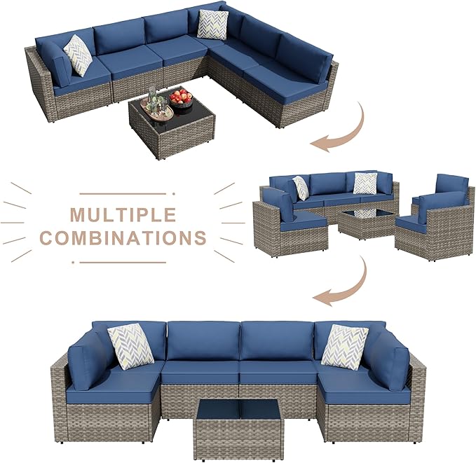 JAMFLY 7-Piece Outdoor Patio Furniture Set, Modular PE Rattan Sectional Sofa with Thick Cushions & Glass Coffee Table for Poolside, Balcony, Garden(Blue Cushion)