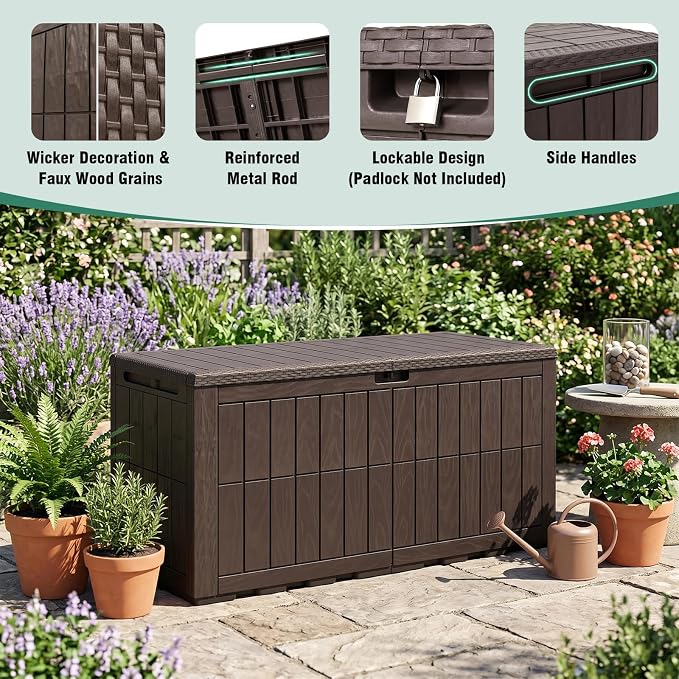 Tangkula 100 Gallon Outdoor Storage Box, Waterproof PP Resin Patio Storage Box with Lockable Lid for Indoor & Outdoor Use, 2-in-1 Rattan Design Deck Box for Cushions, Garden Tools