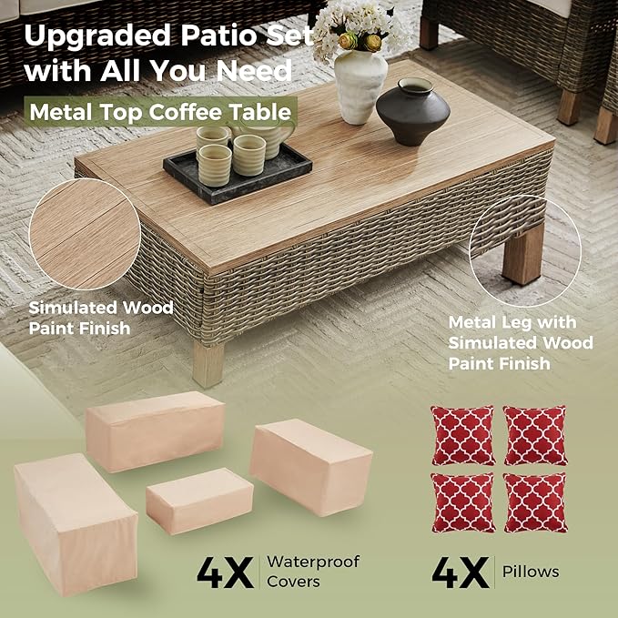 9 Pieces Outdoor Patio Furniture Sets, Wicker All Weather Sectional Sofa with Metal Top Coffee Table, Rattan Conversation Set, Couch Furniture for Backyard, Garden, Porch, Poolside, Beige Cushions