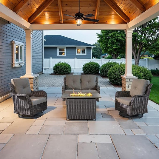 Belord 4 Piece Patio Wicker Furniture Set, Outdoor Swivel Rocker Chairs, All Weather Outdoor Patio Loveseat Set with Fire Pit Table for Deck Porch, Brown Wicker/Gray