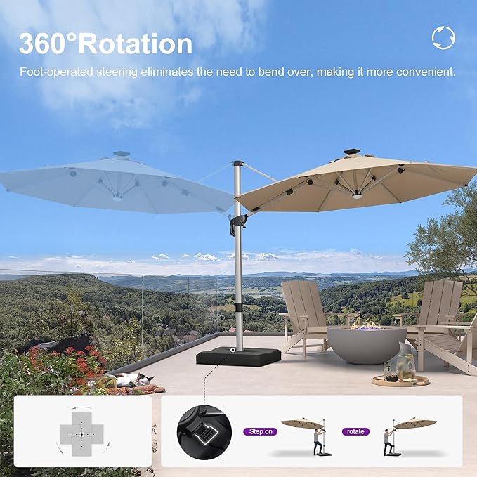 PURPLE LEAF 10ft Patio Umbrella with Lights Outdoor Round Cantilever Solar Powered LED Umbrella with 360-degree Rotation for Garden Deck Pool Patio, Beige