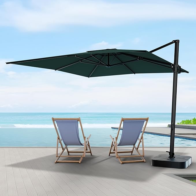 Midtown Umbrellas 9 x 9 Ft Outdoor Cantilever Patio Umbrella w/Terylast Forrest Dark Green Fabric - 360° Offset Patio Umbrella, Deck Patio Umbrella, Backyard Umbrella & Garden Umbrella - Black Frame