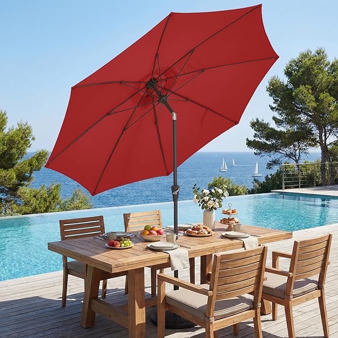 JEAREY 9FT Outdoor Patio Umbrella,Market Table Umbrella with 8 Fiberglass Ribs, Pool Umbrella with Tilt and Crank, UV Protection Lightweight & Wind-Resistant for Lawn, Garden, Deck and Backyard, Red