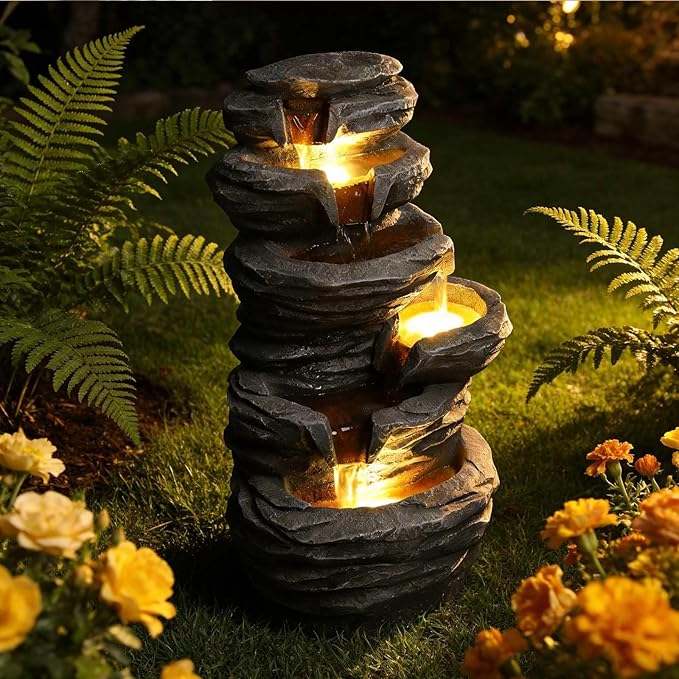 Outdoor Waterfall Fountain with LED Lights, 25.6" Stacked Stone Cascading Water Feature with Pump, Multi-Tier Rock Fountain for Patio Garden Yard Porch Landscape Decor, Gray