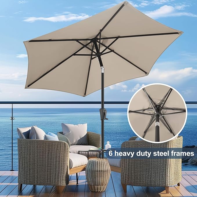 FLAME&SHADE 9ft Patio Umbrella Outdoor - Table Umbrella with Push Button Tilt and Crank, UV Protection, 6 Sturdy Ribs, Market Umbrella for Garden, Deck, Backyard, Lawn, Pool and Beach(Taupe)