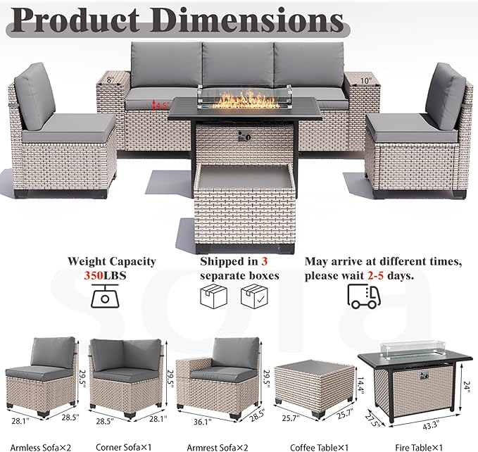 7 Pieces Patio Furniture Set with Fire Pit Table, Outdoor Sectional Wicker Sofa with Thickened Cushions and Coffee Table, High Back Rattan Patio Conversation Sets, Grey