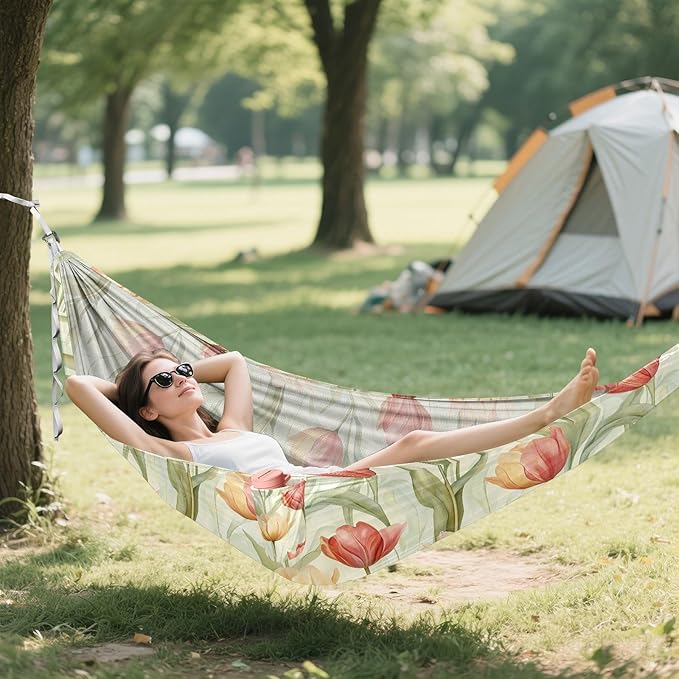 Camping Hammock Outdoor Hammocks for Outside Tulips Light Green Beach Trees Portable Lightweight with Pockets Tree Straps Indoor Small