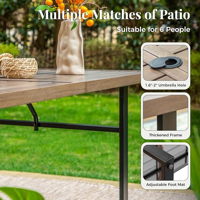 MIXPATIO Outdoor Patio Dining Table for 6, Teak Rectangle Patio Table with Umbrella Hole, All Weather Wrought Iron Black Outdoor Table for Garden Backyard Lawn Yard
