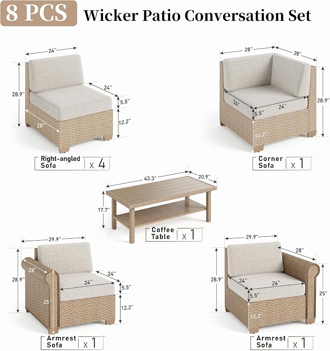Patio Furniture Set 8 Piece, Wicker Rattan Sectional Sofa Couch with 5.5" Thick Waterproof Cushion and Coffee Table, L Shaped All weather Outdoor Conversation Set for Lawn Backyard Deck, Beige