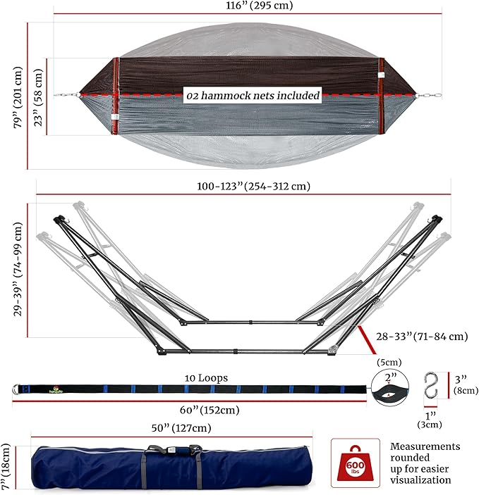 Tranquillo Combo x2 Hammocks with Stand for Outside & Tree Straps, Heavy Duty Hammock with Stand 600lbs for Indoor Outdoor Patio Backyard, x2 Hammocks for 2 Person (Combo - Brown, Medium)
