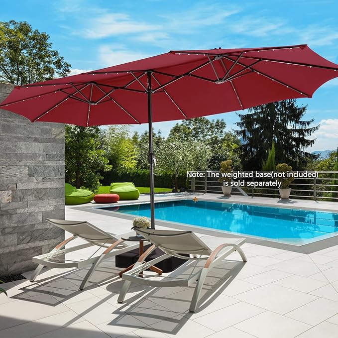Tangkula 15 Ft Burgundy Twin Patio Umbrella with 48 LED Lights, Hand-Crank System for Poolside, Garden & Backyard Use