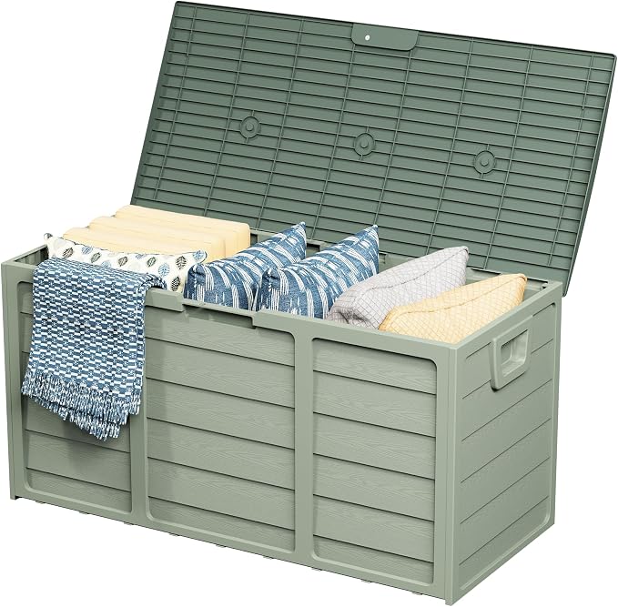 Crownland Outdoor 75 Gallon Storage Deck Box, Weatherproof Woodgrain Patio Storage Box for Balcony, Garden, Backyard (Green)