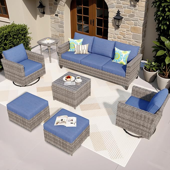 ovios 7 Pieces Patio Furniture Set, Outdoor Wicker Sofa with Rocking Swivel Chairs, Coffee Table, High Back Grey Rattan Conversation Set for Backyard Deck Porch, Denim Blue