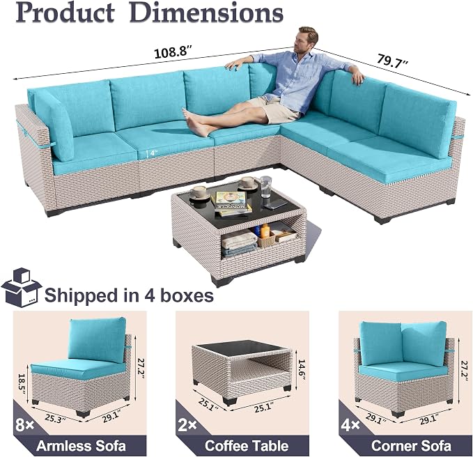 Patio Furniture Set, 14-Piece Outdoor Sectional Sofa with 2-Layer Glass Coffee Table, Wicker Patio Conversation Set with Cyan Cushions for Backyard, Poolside, Porch
