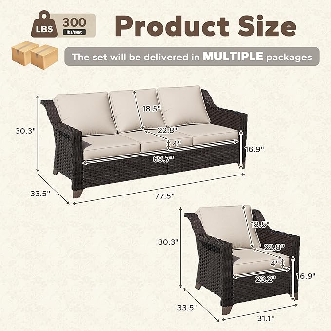 5 Pieces Patio Conversation Furniture Set - 1 Sofa, 4 Armchairs, Outdoor Wicker Furniture with Removable Cushions for Porch, Balcony, Sunroom (Beige)