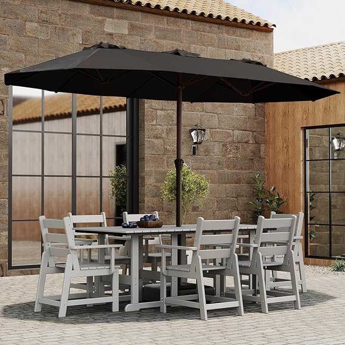 BRIOPAWS 15-FT-Large-Patio-Umbrella-with-Base | Double-Sided | Outdoor Table Umbrellas | w/Crank Handle | 12 Sturdy Fiberglass Rib | UV-Protection | for Garden Deck Backyard Pool | Black