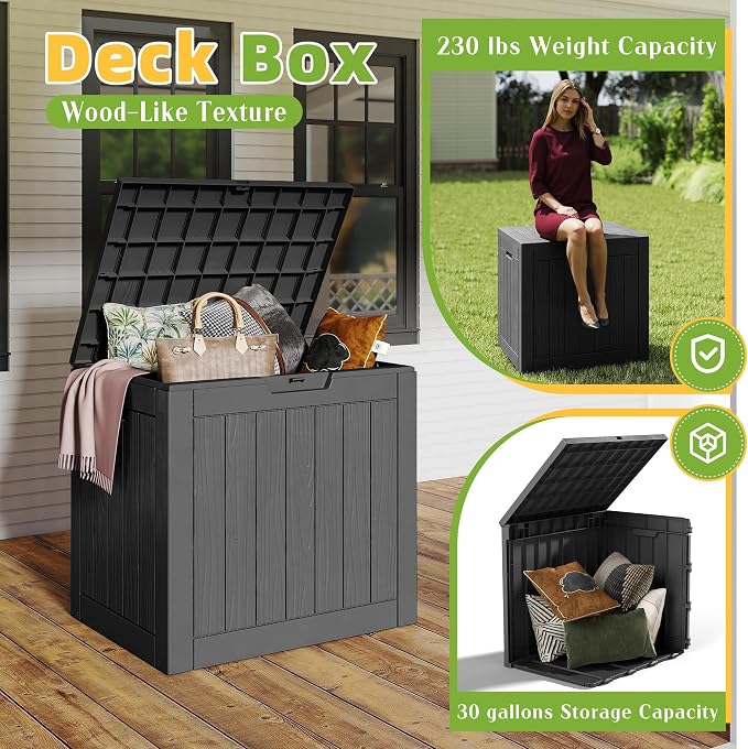 30 Gallon Waterproof Resin Deck Box, UV Resistant Outdoor Storage for Garden, Patio, Porch, Delivery,Striped Black