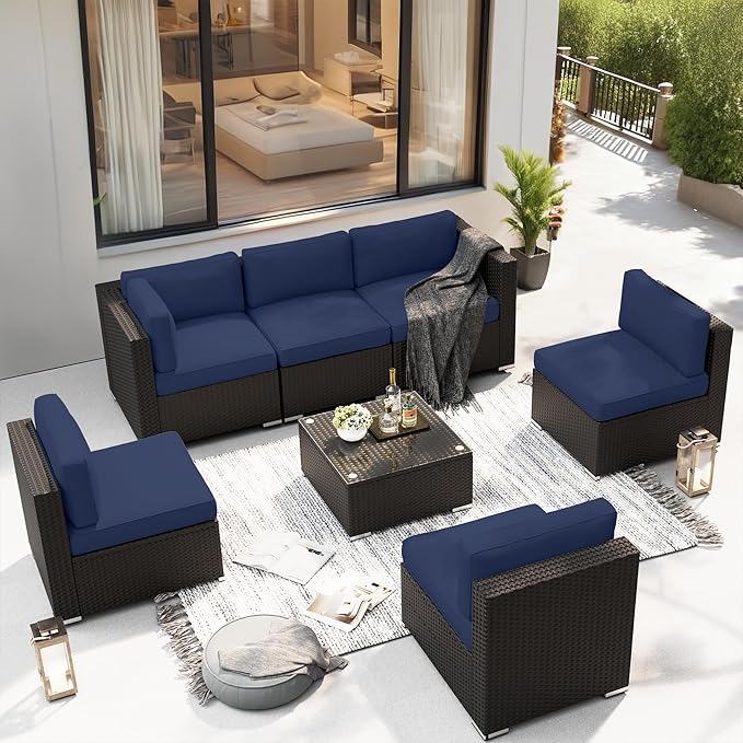 SUNCROWN 7-Piece Outdoor Patio Furniture Sofa Set All-Weather Wicker Sectional Conversation Set with Modern Glass Coffee Table, Cushions and Waterproof Cover,Dark Blue