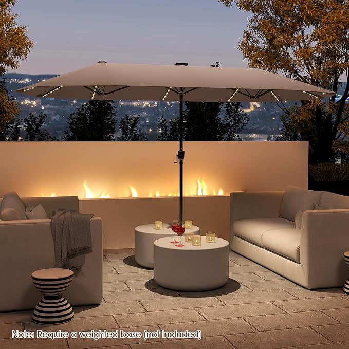 Tangkula 13 FT Large Patio Umbrella w/LED Solar Lights, Crank Handle, 12 Heavy-Duty Ribs, Outdoor Double-Sided Table Market Umbrella Rectangular Twin Parasol for Garden Deck Lawn Poolside (Tan)