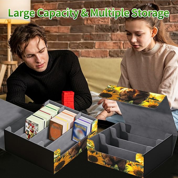 Large Card Deck Box for MTG, Fits 1200+ Sleeved Cards, PU Leather Storage Case with Strong Magnetic Closure, Multiple Colors for TCG CCG Baseball Card Collections, Sunflower Baby Cow