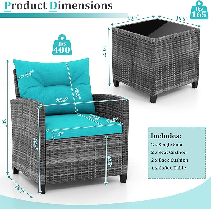 KOTEK 3 Piece Patio Furniture Set, Outdoor PE Rattan Conversation Set with Washable Cushions & Tempered Glass Tabletop, Wicker Chairs and Table Set for Porch, Garden, Balcony (Turquoise)