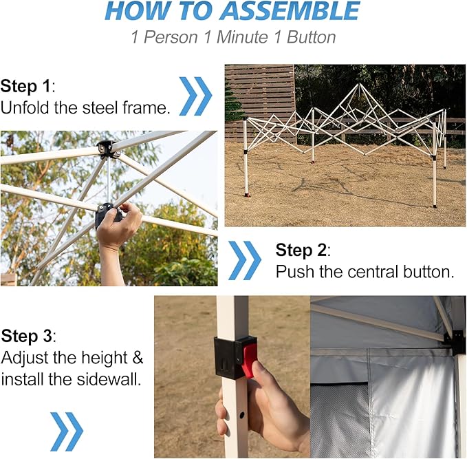 WEIZE 10x10 Pop Up Canopy Tent, 1-Button Push Setup Canopy Tent with 1 Sidewall, Adjustable Height Instant Portable Shelter, Portable Roller Bag,Easy Outdoor Sun Shade for Events,4 Weight Bags,White