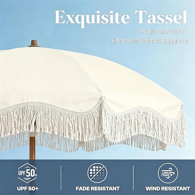 7FT Patio Umbrella with Fringe, Outdoor Tassel Umbrella with Fiberglass Ribs, Boho Beach Umbrella, Push Button Tilt and Carrying Bag, UPF50+