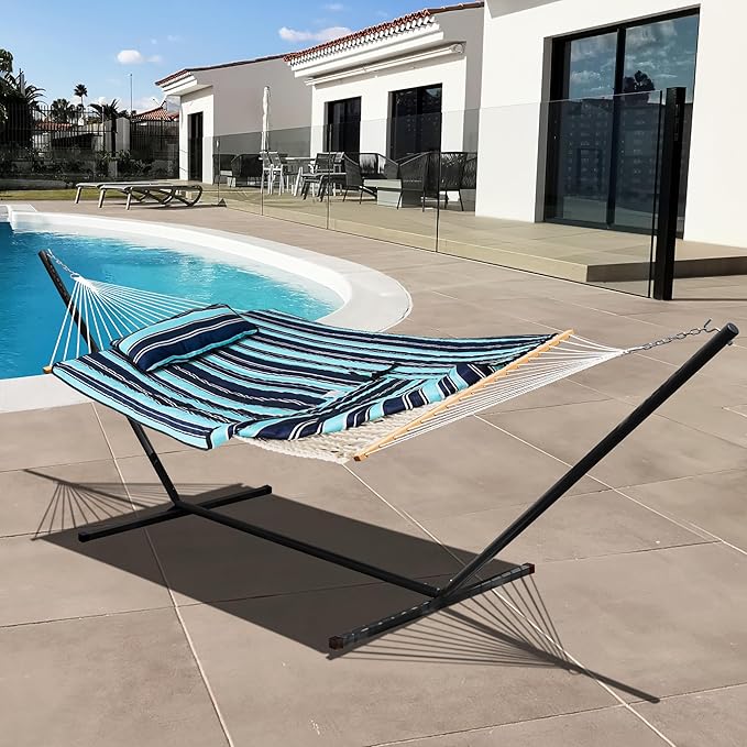 Lazy Daze Hammocks 2 Person Hammock Pad and Pillow Set, Double Polyester Quilted 78" x55" Replacement Pad for Rope Hammock, Navy Blue Stripes