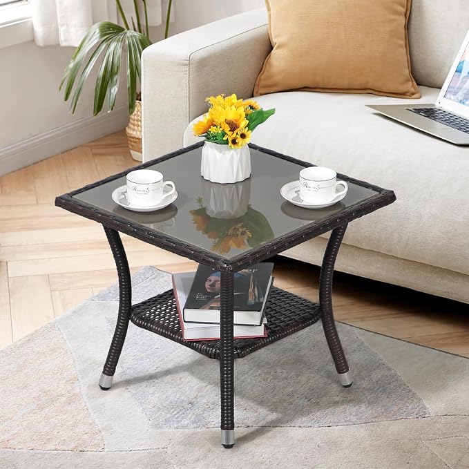 Super Patio Outdoor Side Table, 20" Square Wicker End Table, Tempered Glass Top Coffee Table with Storage, Aluminum Frame-Brown