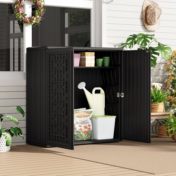 HOMSPARK Indoor/Outdoor Storage Cabinet with Doors and Shelf, 34”x15”x36” HDPE Plastic Storage Box Waterproof for Patio, Garden, Balcony, Multi-Purpose for Daily Tools, Black
