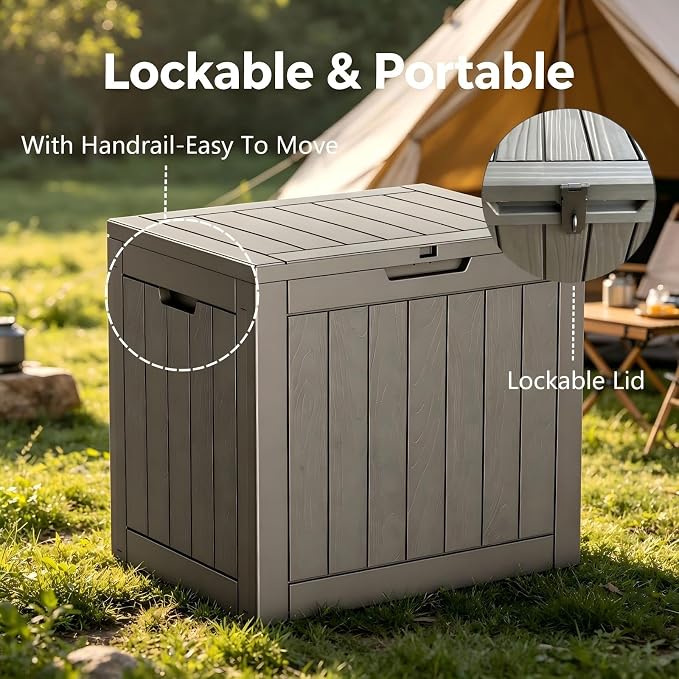 34 Gallon Outdoor Storage Box, Resin Deck Box Waterproof, Raised Bottom Outside Storage Bin with Lockable Lid for Patio Cushions & Garden Tools - Beige