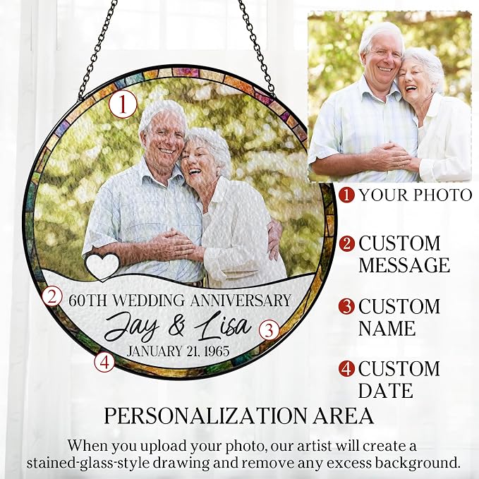 Personalized Wedding Anniversary Photo Stained Glass Window Hanging Suncatcher - Heartfelt Gift for Parents, Grandparents, Old Couple - Custom Message, Name, Date (Wedding Anniversary)