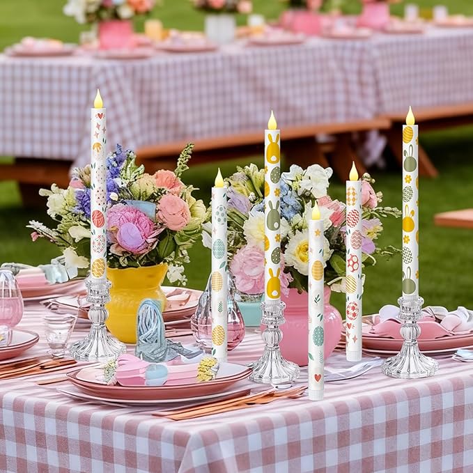 Honoson 6 Pcs Easter Flameless Taper Candles 10.6 Inch Colorful Egg Bunny Candles Battery Operated LED Candlesticks for Easter Dinner Table Home Party Decor