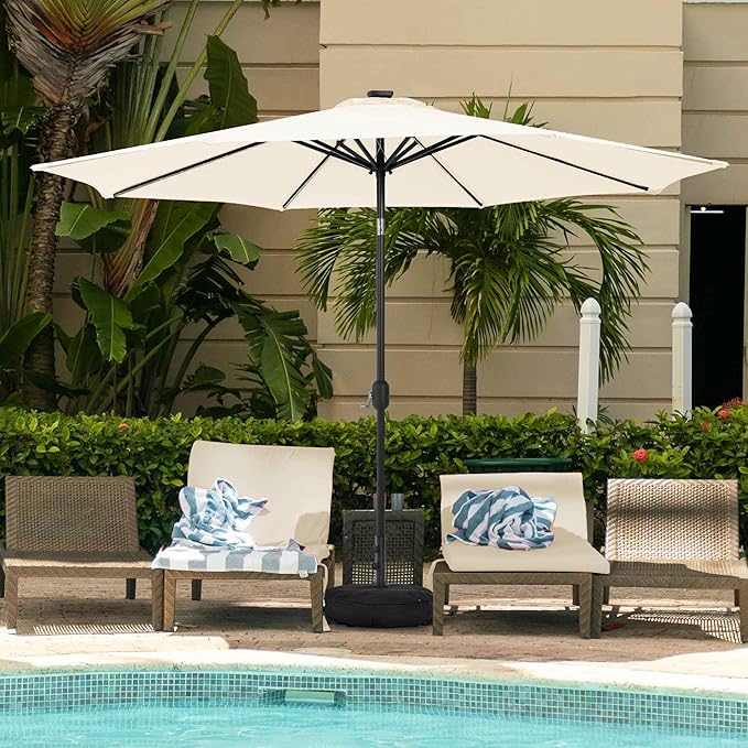 Sundale Outdoor OLEFIN LED Solar Patio Umbrella with Sand Bag Umbrella Base, Outdoor Umbrella with Tilt and Crank