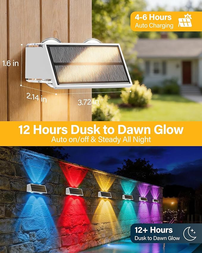 Solar Fence Lights Outdoor, 2 Pack 100LM Fence Lights Solar Powered, 9 Color Modes, Up and Down LED Focused Beam, 12H Dusk to Dawn Glow for Pool/Patio/Wall/Backyard - White