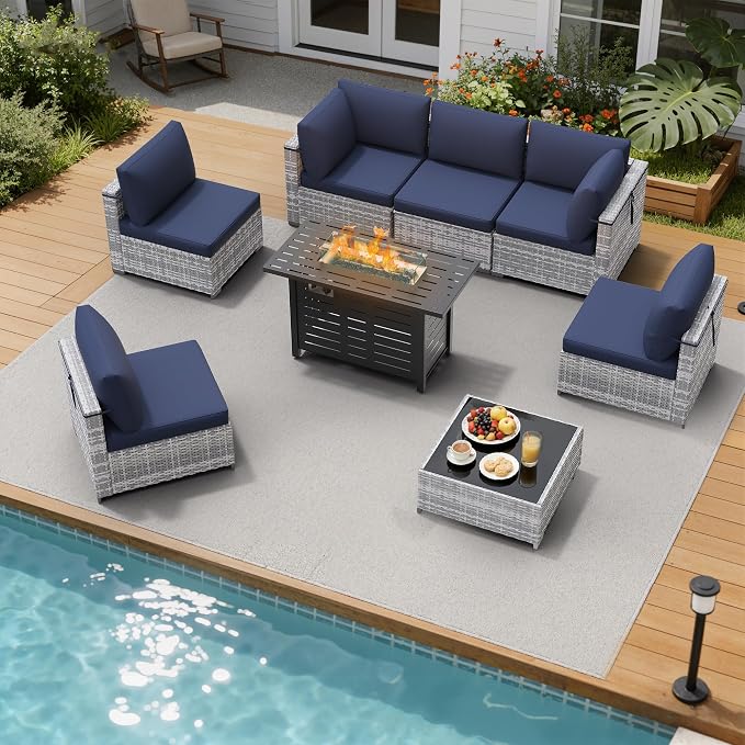 LOUVIXA 8 Piece Outdoor Patio Furniture Set, Outdoor Sectional Sofa with Firepit Table, Wicker Rattan Patio Furniture, Patio Conversation Set with Coffee Table & Cushions
