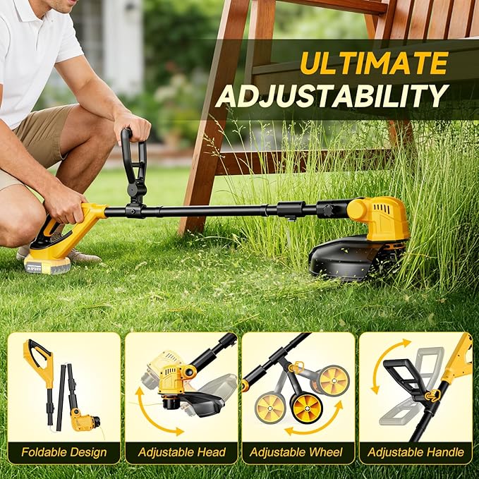 20000RPM Brushless Cordless String Trimmer for Dewalt 20v Battery(Battery Not Included), 3-in-1 Weed Wacker Edger Grass Trimmer with Wheel, Lightweight Weed Eater Battery Powered w/8 Line Spools