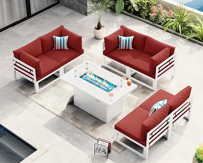 NICESOUL 6 People Large Luxury Aluminum Patio Conversation Set with Fire Pit Table Propane/Gas, 29" Deep Wide U Shaped Sectional Couch, 500 lbs Heavy Duty All Weather Outdoor Sofa for Backyard, Red