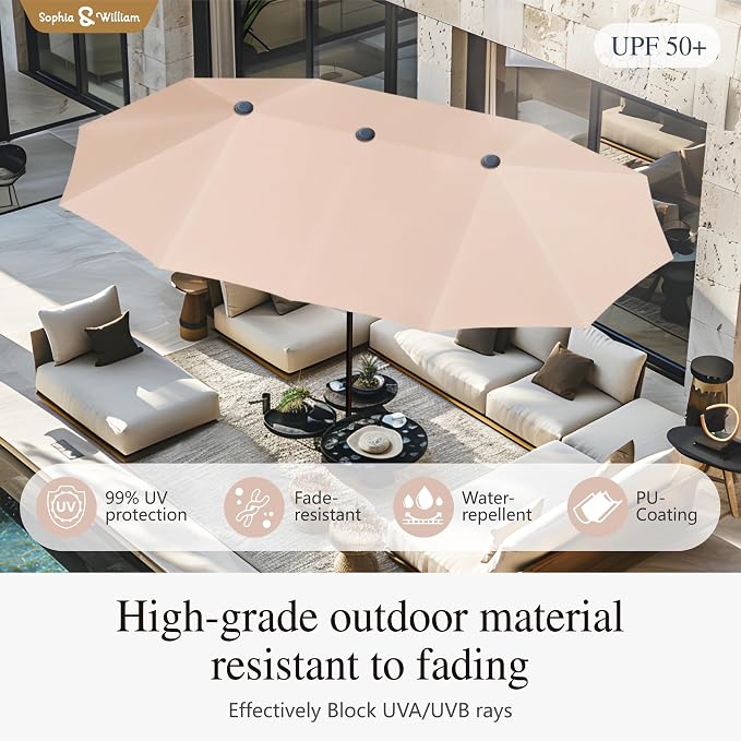 Sophia & William 7 Pieces Outdoor Patio Dining Set with 13ft Beige Patio Umbrella for Outside, Metal Patio Table and Rattan Chairs Set with Cushion and 1.6" Adjustable Umbrella Hole