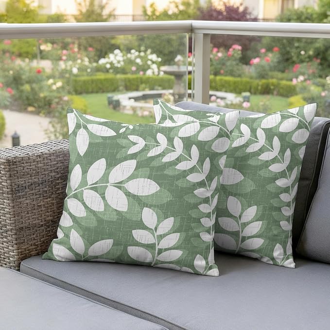 Green Leaves Outdoor Waterproof Throw Pillow Covers 26x26 Set of 2, Farmhouse Botanical Branch Vintage Boho Leaf Decorative Pillowcases Cushion Pillowcase for Couch Sofa Patio Outside Pillow Protector
