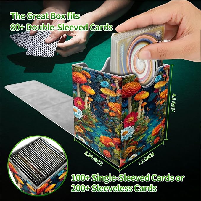 Mushroom Red Flower Card Deck Box for MTG, Personalized Card Storage Case Fits 120+ Sleeved Cards, Premium Leather TCG Box with Strong Magnetic Closure for Magic, CCG, PTCG, Baseball Cards