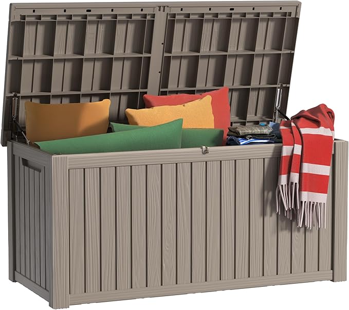 EasyUp 181 Gallon Outdoor Storage Box Waterproof, UV Resistant Resin Deck Box with Hydraulic Rod, Reinforced Stability for Patio, Garden, and Pool, Striped Gray