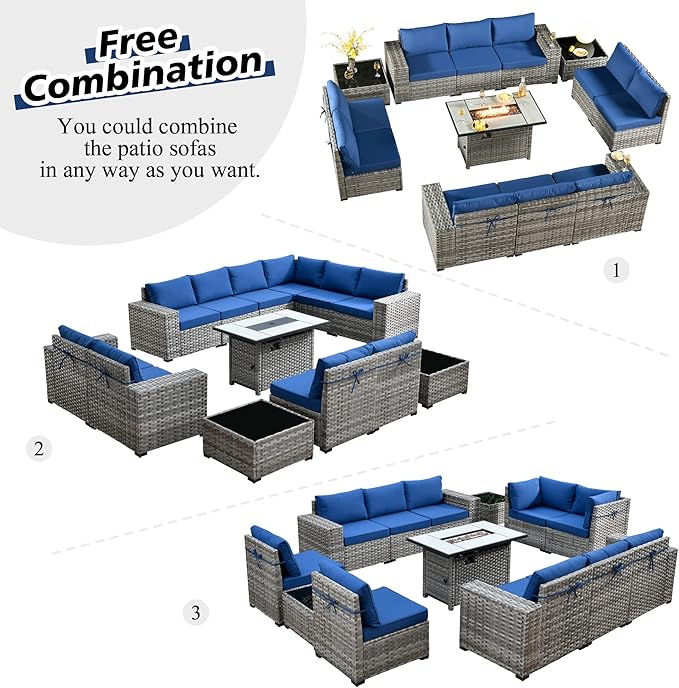 HOOOWOOO Outdoor Patio Sectional Furniture Sofa Set with Propane Fire Pit Table,13 Piece Large Modern Wicker Couch with Widened Armrest,Modular L Shaped Conversation Seating Set(Navy Blue)