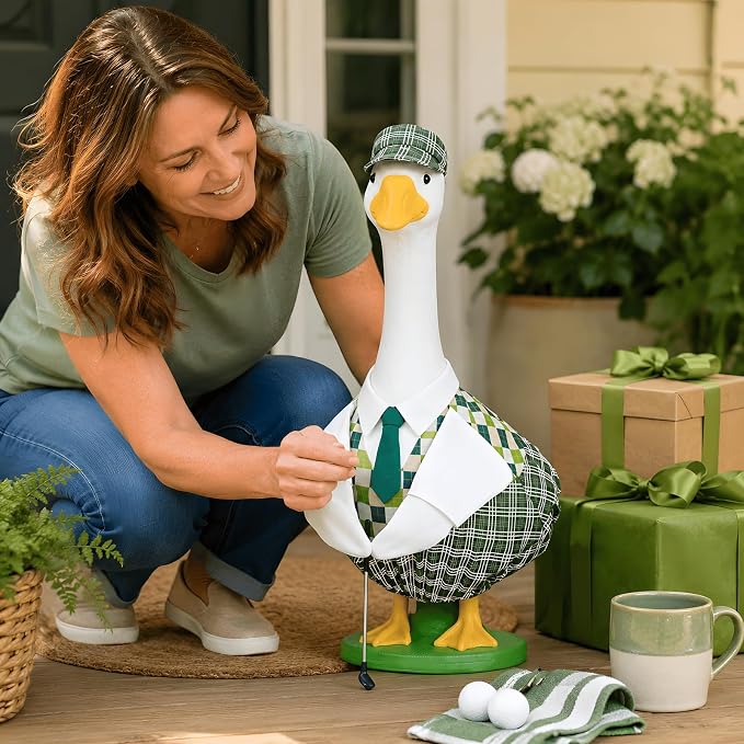 Golfer Goose Outfit for 23 Inch Porch Goose Statue Golf Clothes with Hat Tie Shirt and Club for Garden Yard Patio Decor