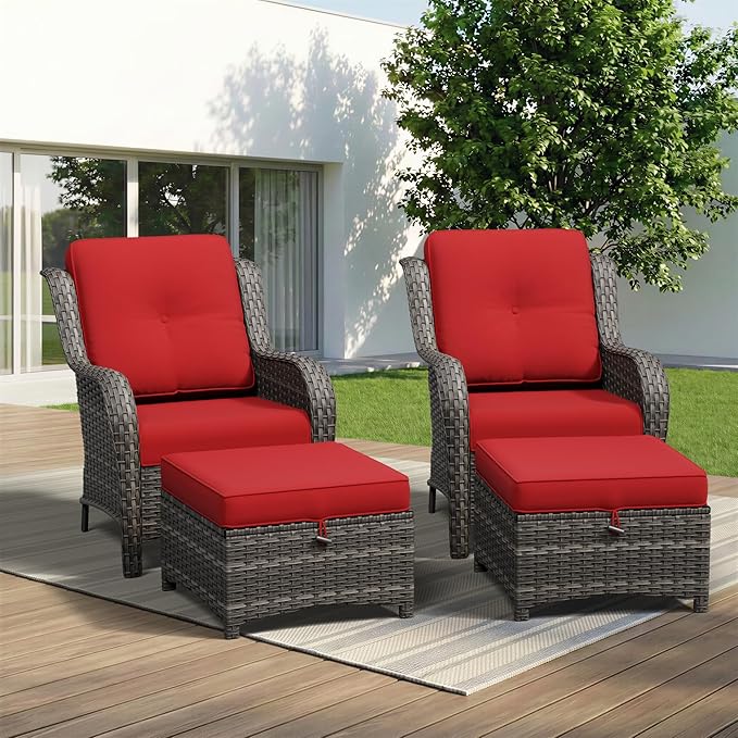 4 Piece Outdoor Wicker Patio Furniture Set, Patio Chairs Set with Thickened Olefin Cushions, High Back and Deep Seating, Hand-Woven PE Rattan, Ottoman for Porch, Deck, Red