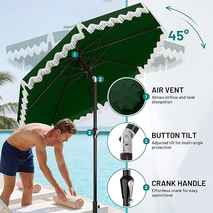 AreShark 9FT Patio Umbrella with Fringe, Wind-Resistant Fiberglass 8 Ribs Tassel Outdoor Umbrella with Crank and Push Button Tilt, Double Tier Vent Sun Shade for Pool, Deck, Backyard, Dark Green